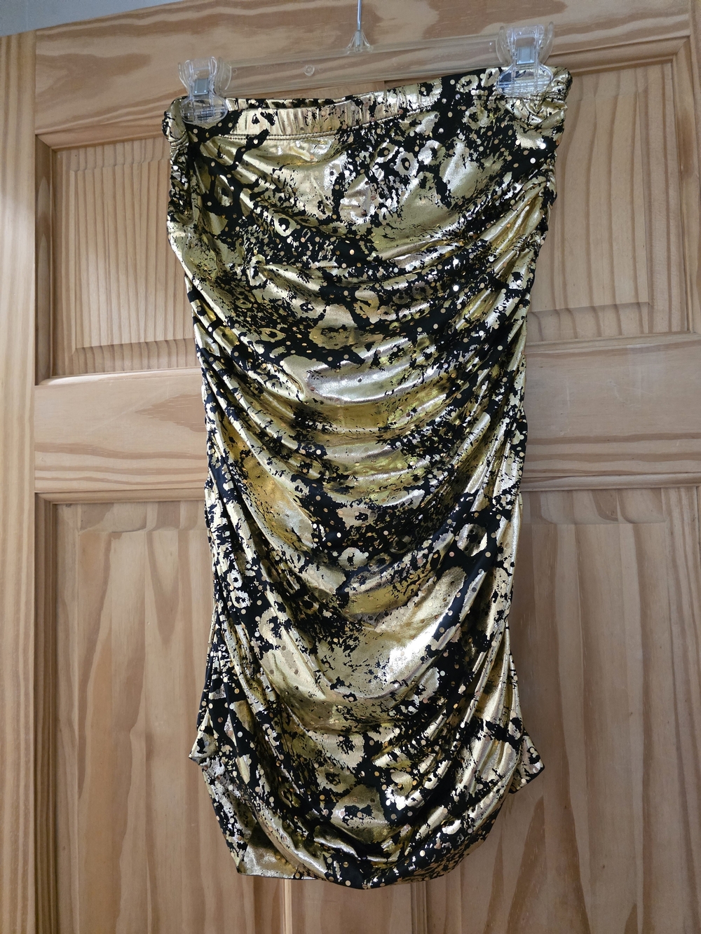 Y2K Gold and Black Ruched Strapless Dress